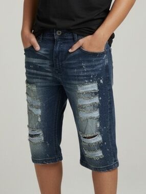 Men's Distressed Dark Indigo Denim Jean Shorts